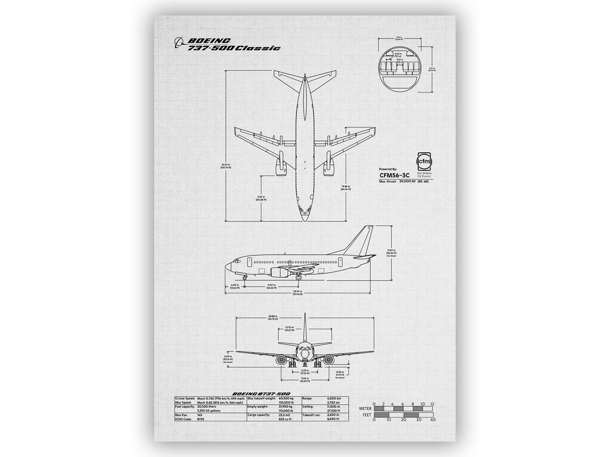 Boeing B737-500 Portrait Blueprint Poster by FlyKit showing detailed aircraft design and measurements