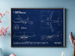 Boeing B737-700 Landscape Blueprint Poster by FlyKit showing detailed airplane design blueprints in a framed wall display