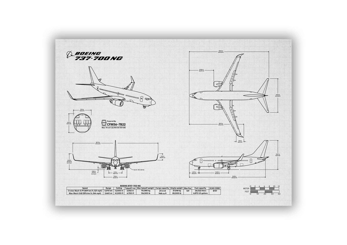 Boeing B737-700 Landscape Blueprint Poster by FlyKit showing detailed technical aircraft drawings