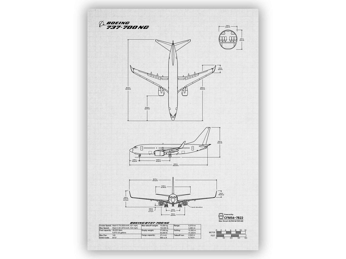 Boeing B737-700 Portrait Blueprint Poster by FlyKit showing detailed aircraft technical drawings