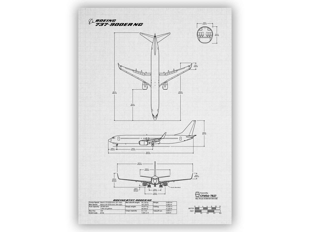 Boeing B737-900 Portrait Blueprint Poster by FlyKit showing detailed technical airplane drawings