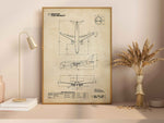 Boeing B737 MAX 7 Portrait Blueprint Poster by FlyKit showcasing detailed aircraft schematic in brown frame