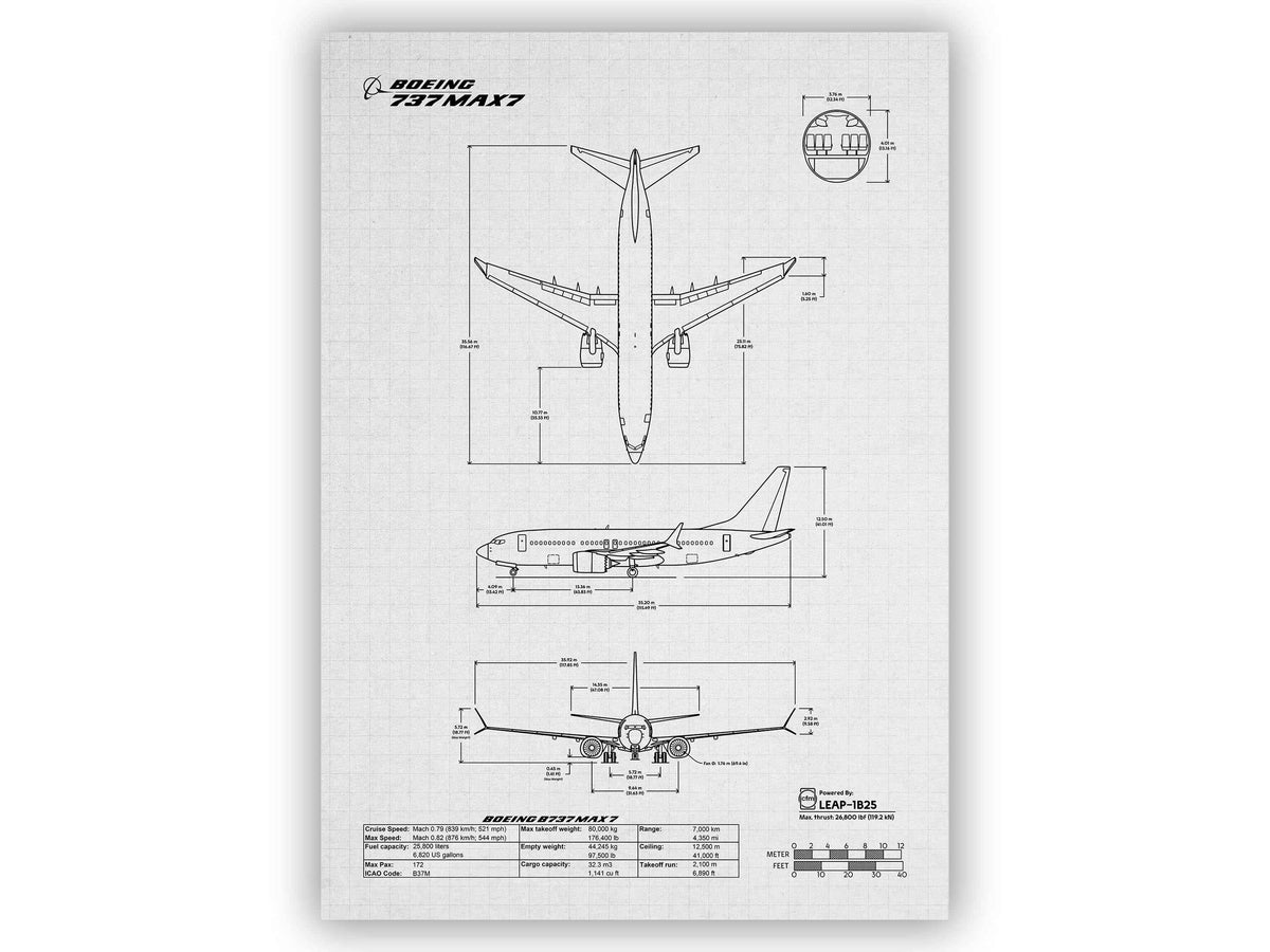 Boeing B737 MAX 7 Portrait Blueprint Poster showing top side, side, and front detailed aircraft views