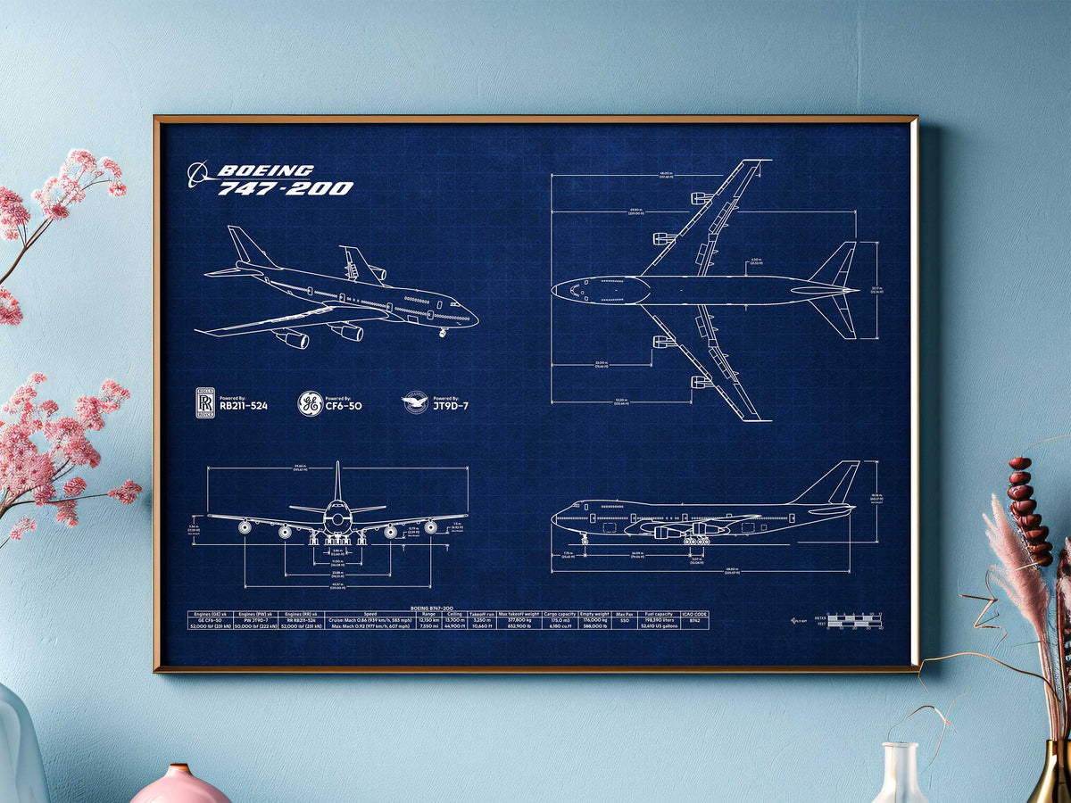 Boeing B747-200 Landscape Blueprint Poster by FlyKit showing detailed aircraft technical drawings on a blue background