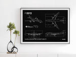 Boeing B747-8 Landscape Blueprint Poster by FlyKit showing technical aircraft design in black and white
