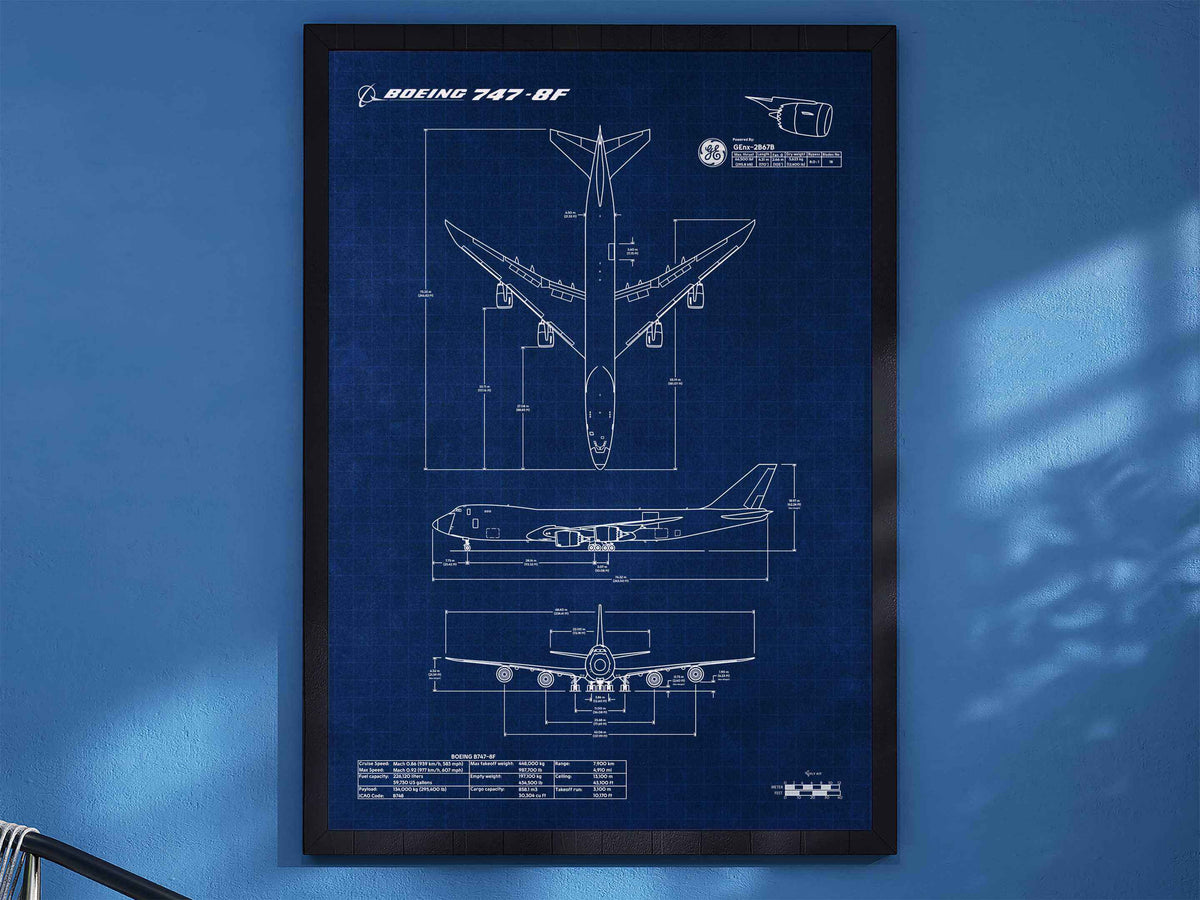 Boeing B747-8F Portrait Blueprint Poster by FlyKit showing detailed aircraft design in white lines on blue background
