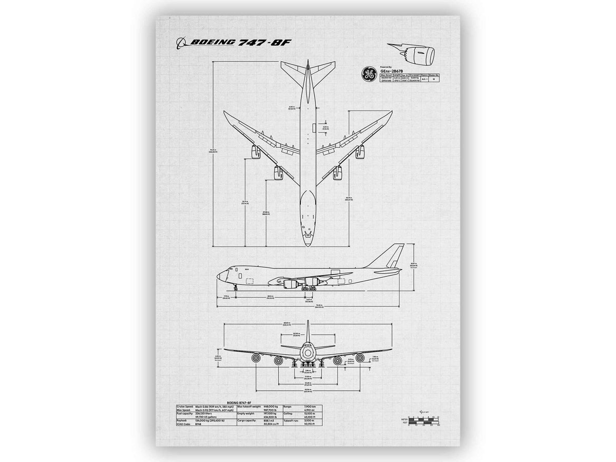 Boeing B747-8F Portrait Blueprint Poster showing technical aircraft design with top side and front views