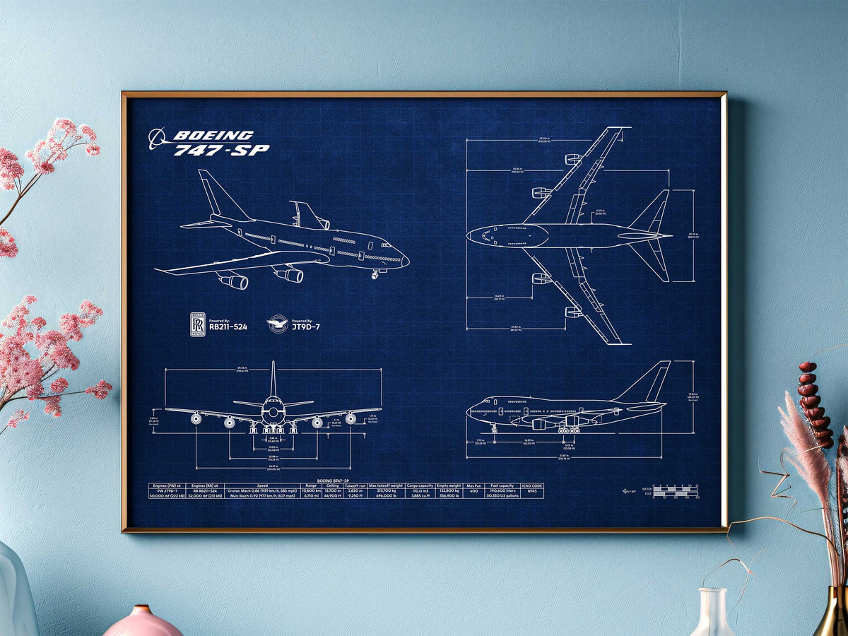 Boeing B747-SP Landscape Blueprint Poster by FlyKit showing detailed aircraft technical drawings on blue background