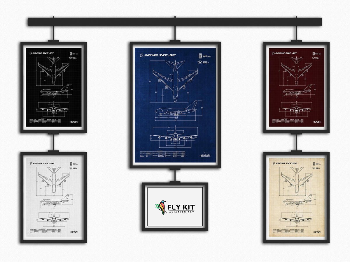 Boeing B747-SP Portrait Blueprint Poster by FlyKit showing aircraft technical schematic in multiple colors