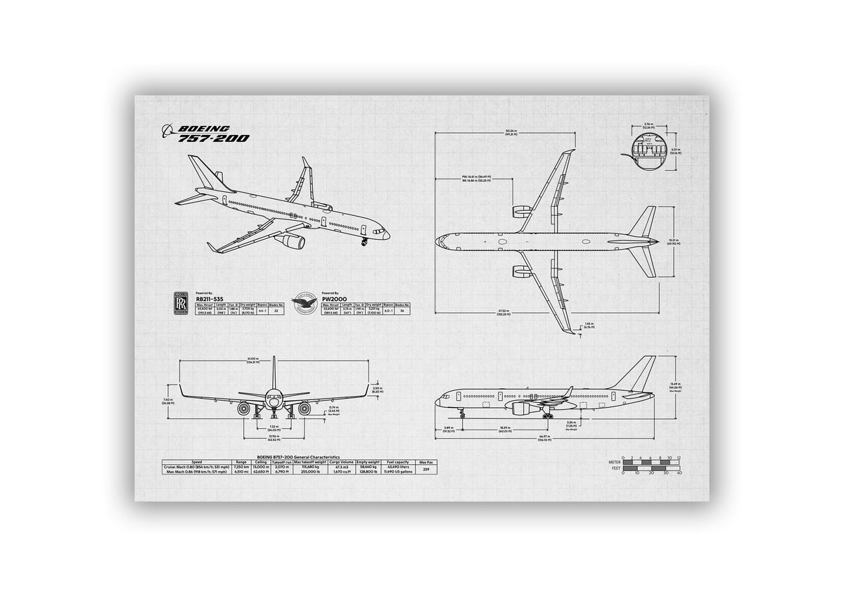 Boeing B757-200 Landscape Blueprint Poster by FlyKit showing detailed aircraft schematics and measurements