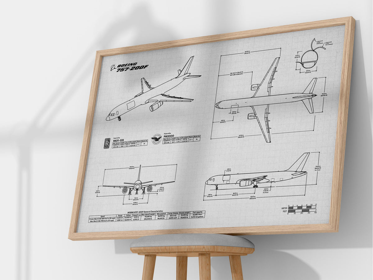 Boeing B757-200F Landscape Blueprint Poster by FlyKit showing detailed aircraft measurements and design