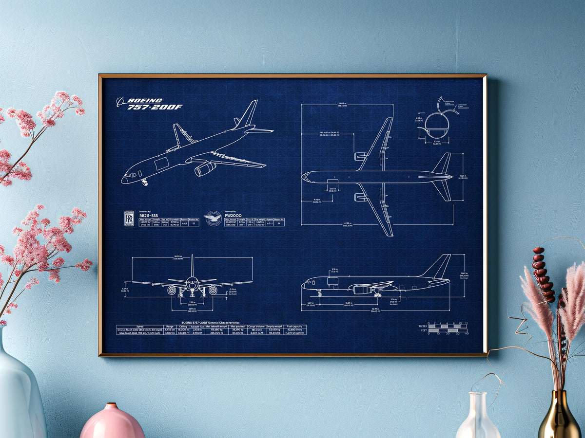 FlyKit Boeing B757-200F Landscape Blueprint Poster showing detailed technical airplane design in blue and white