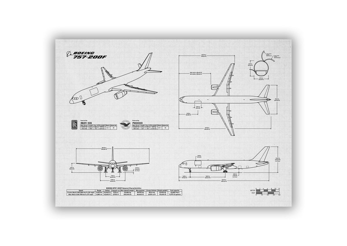 Boeing B757-200F Landscape Blueprint Poster showing detailed aircraft technical drawings by FlyKit