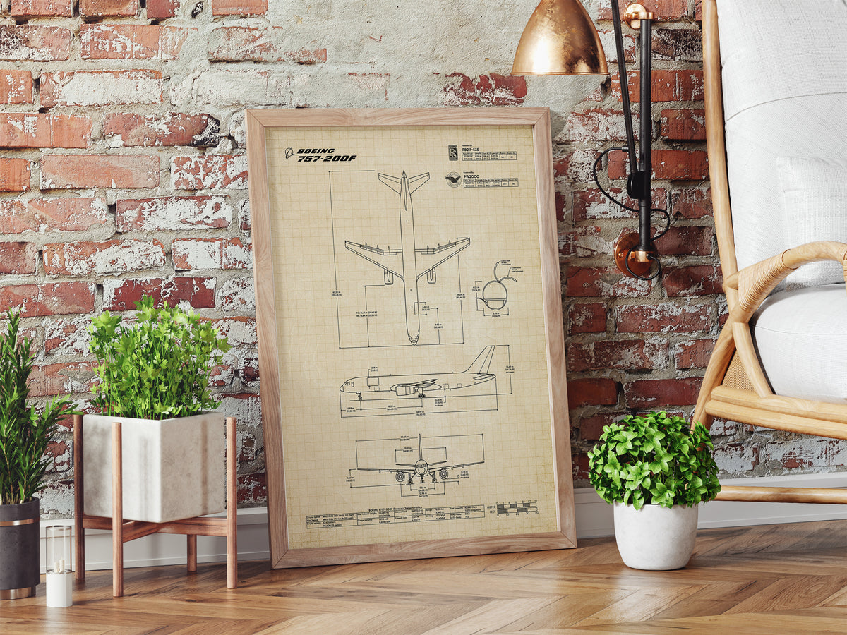 Boeing B757-200F Portrait Blueprint Poster by FlyKit leaning against a brick wall next to houseplants and a chair