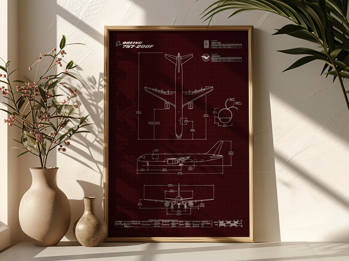 Boeing B757-200F Portrait Blueprint Poster by FlyKit displayed in a wooden frame with detailed aircraft schematics