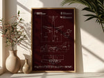 Boeing B757-200F Portrait Blueprint Poster by FlyKit displayed in a wooden frame with detailed aircraft schematics
