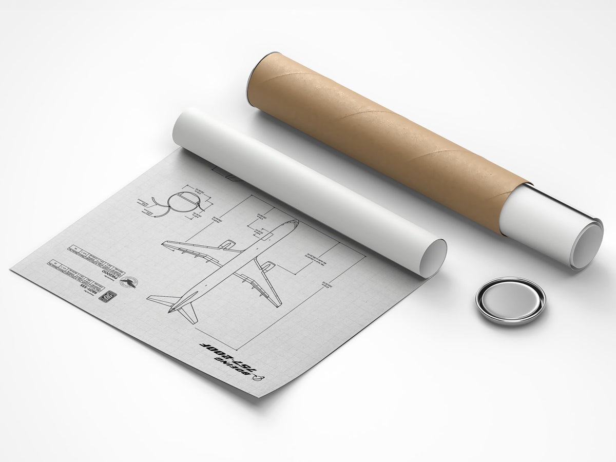 Boeing B757-200F Portrait Blueprint Poster by FlyKit with tube packaging and detailed aircraft blueprint