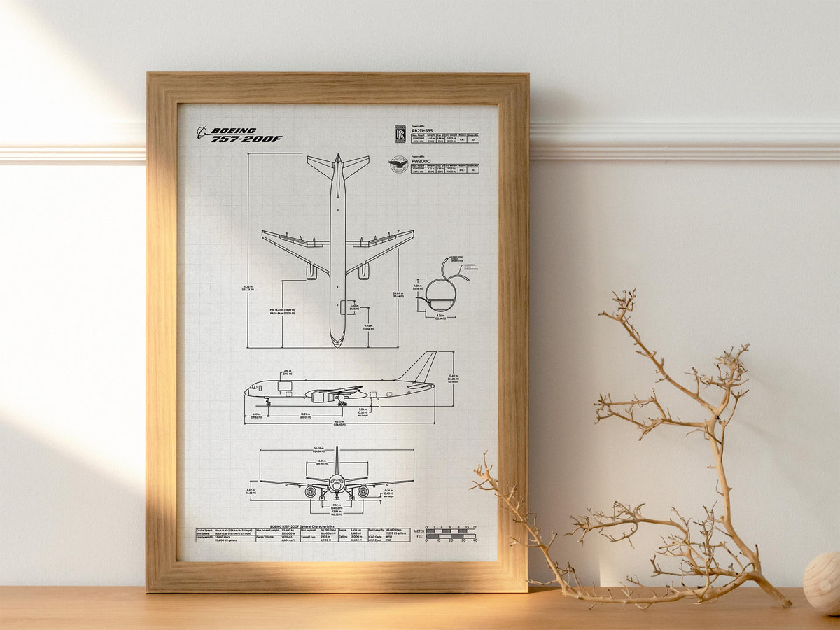 Boeing B757-200F Portrait Blueprint Poster by FlyKit framed on wall with detailed aircraft diagrams