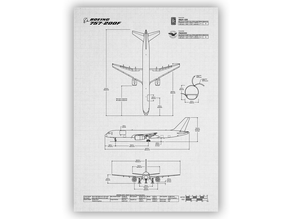Boeing B757-200F Portrait Blueprint Poster detailed technical drawing print material by FlyKit