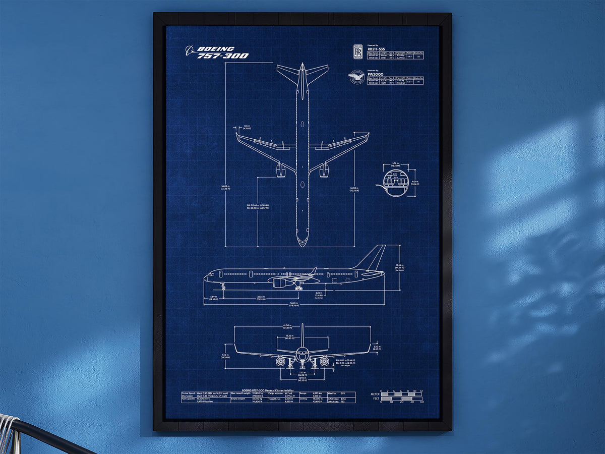 Boeing B757-300 Portrait Blueprint Poster by FlyKit showing detailed aircraft technical drawings on blue background