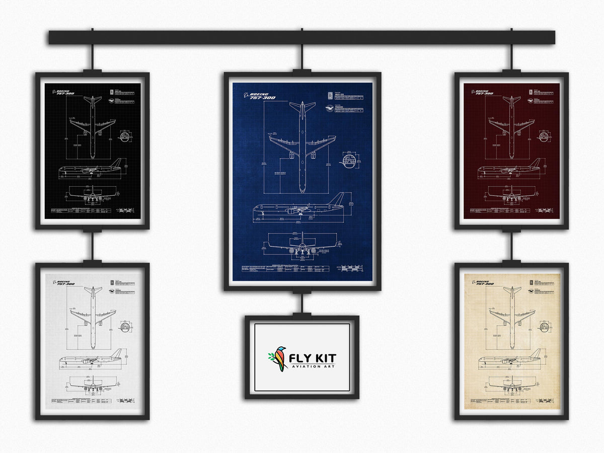 Boeing B757-300 Portrait Blueprint Poster collection by FlyKit showing detailed aircraft design in multiple color variants