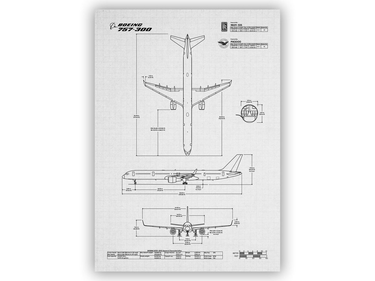 Boeing B757-300 Portrait Blueprint Poster by FlyKit showing detailed aircraft technical drawings