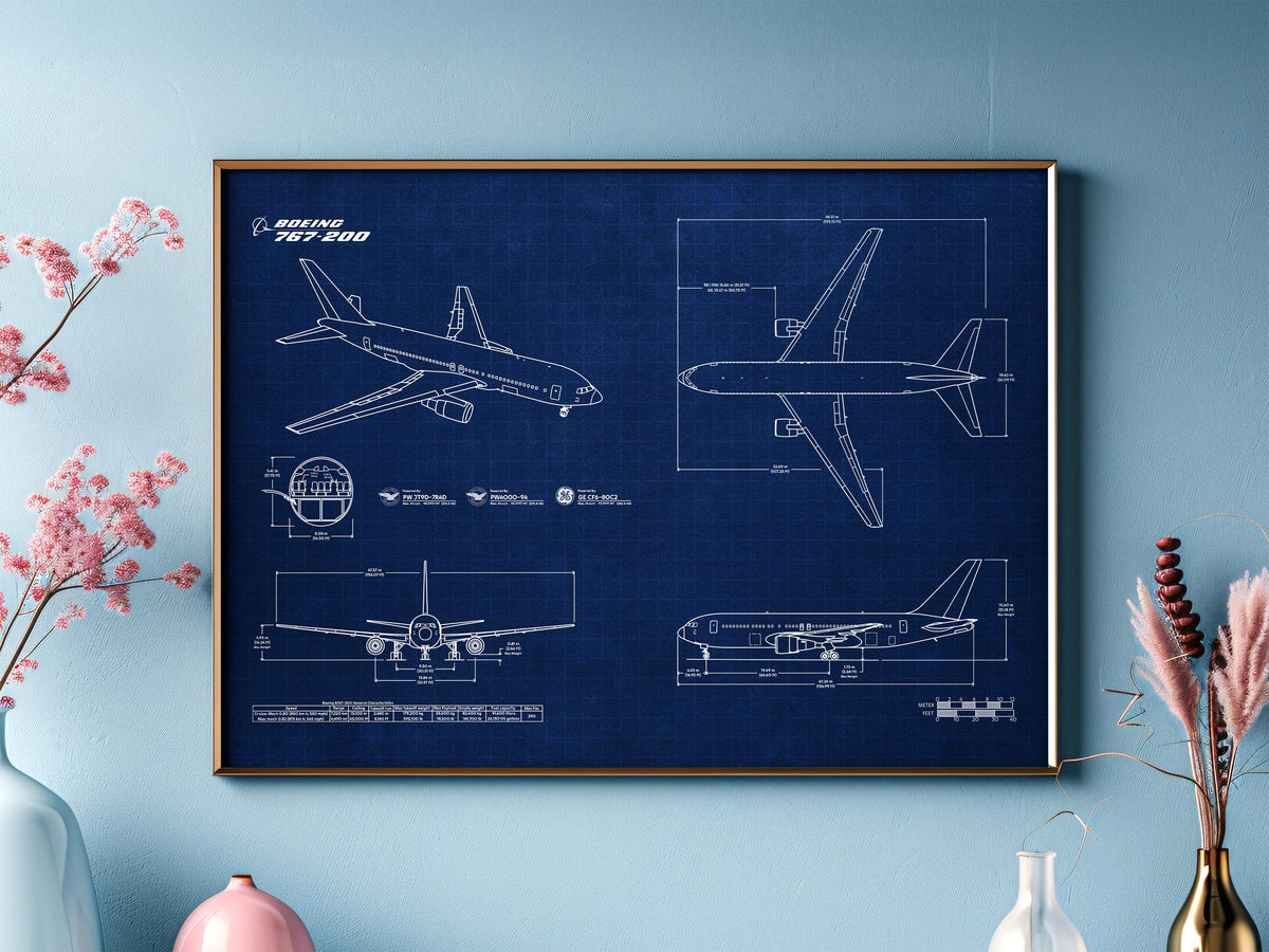 Boeing B767-200 Landscape Blueprint Poster by FlyKit showing detailed aircraft design in blue and white