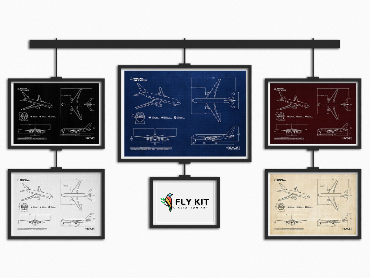 FlyKit Boeing B767-200 Landscape Blueprint Poster set with multiple color variations showing aircraft technical drawings