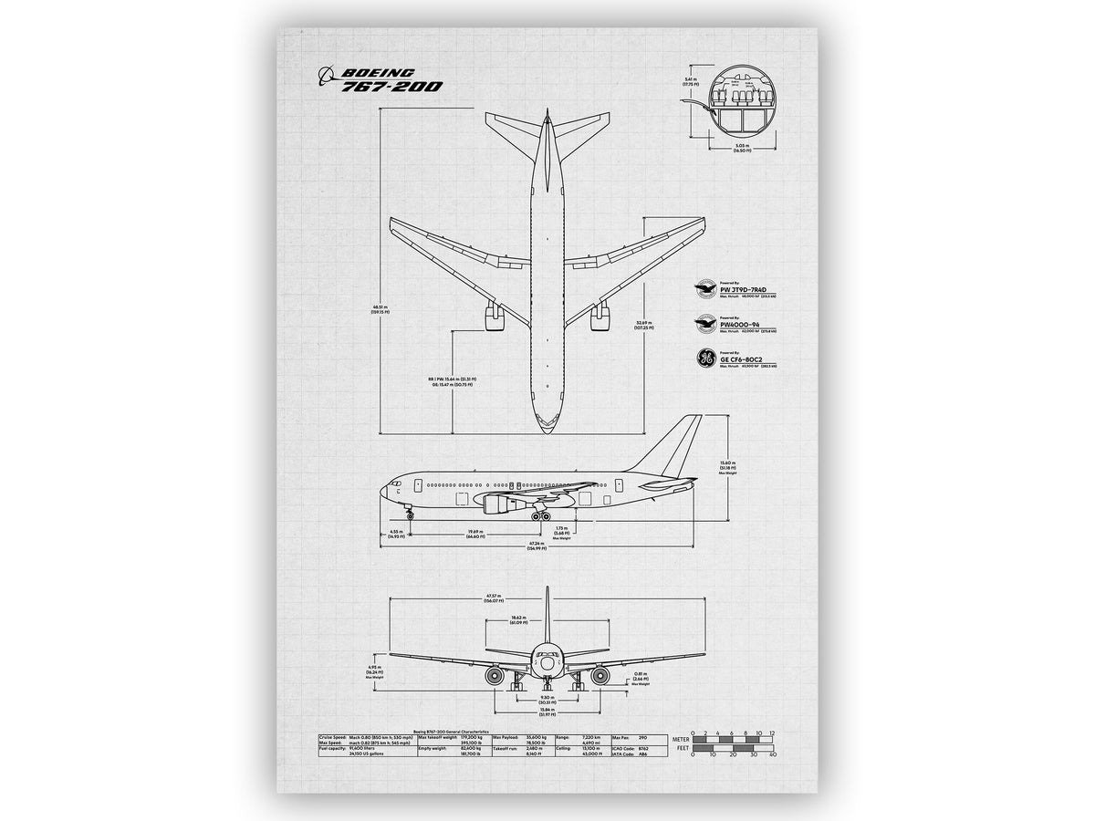 FlyKit Boeing B767-200 Portrait Blueprint Poster showing top side, side, and front aircraft views