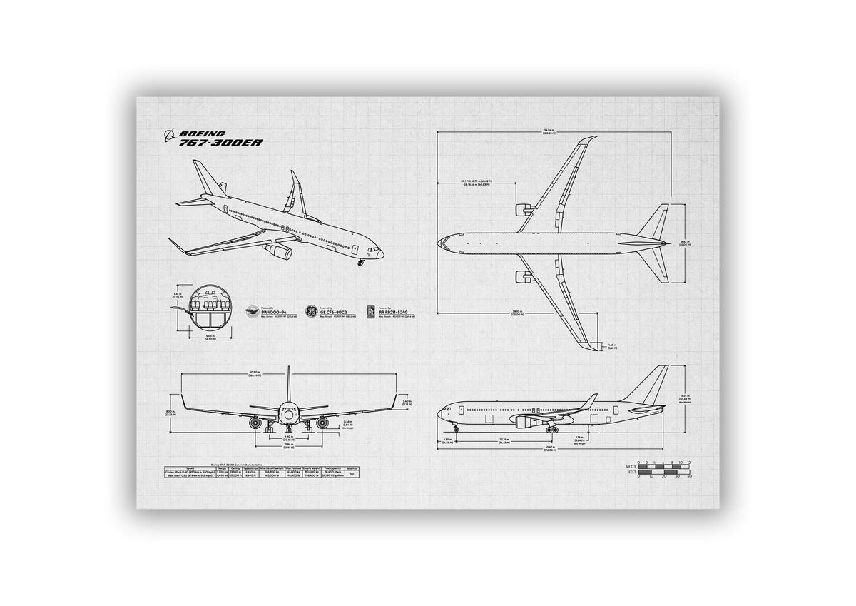 FlyKit Boeing B767-300 Landscape Blueprint Poster showing detailed technical airplane diagrams and measurements