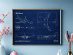 Boeing B767-300 Landscape Blueprint Poster by FlyKit showing detailed aircraft schematics in blue and white