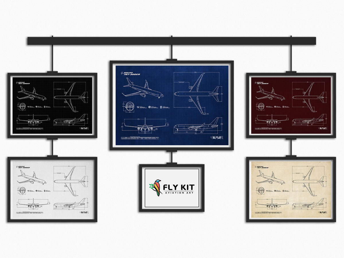 FlyKit Boeing B767-300 Landscape Blueprint Poster collection in multiple color variations displayed on hanging rods