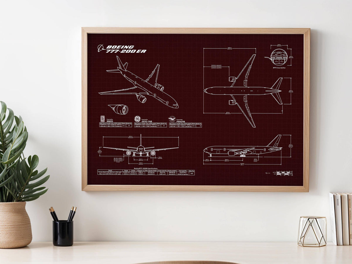 Boeing B777-200ER Landscape Blueprint Poster framed on wall with aircraft design details