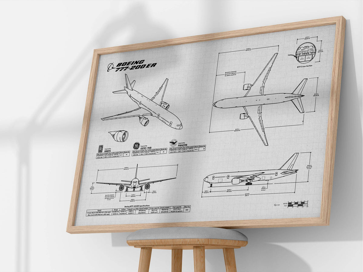 Boeing B777-200ER Landscape Blueprint Poster by FlyKit showing detailed aircraft design in a wooden frame