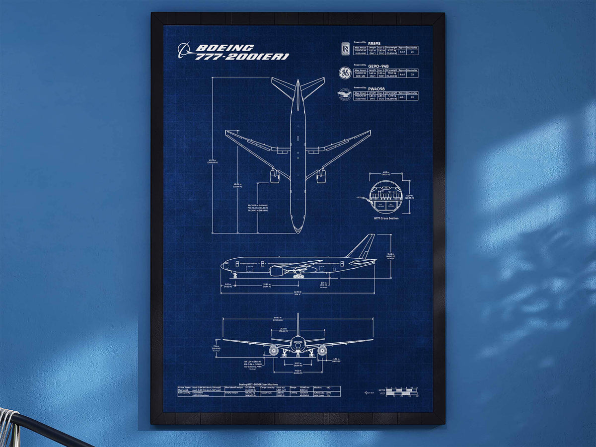 Boeing B777-200ER Portrait Blueprint Poster by FlyKit showing detailed white technical drawings on a blue background
