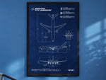 Boeing B777-200ER Portrait Blueprint Poster by FlyKit showing detailed white technical drawings on a blue background