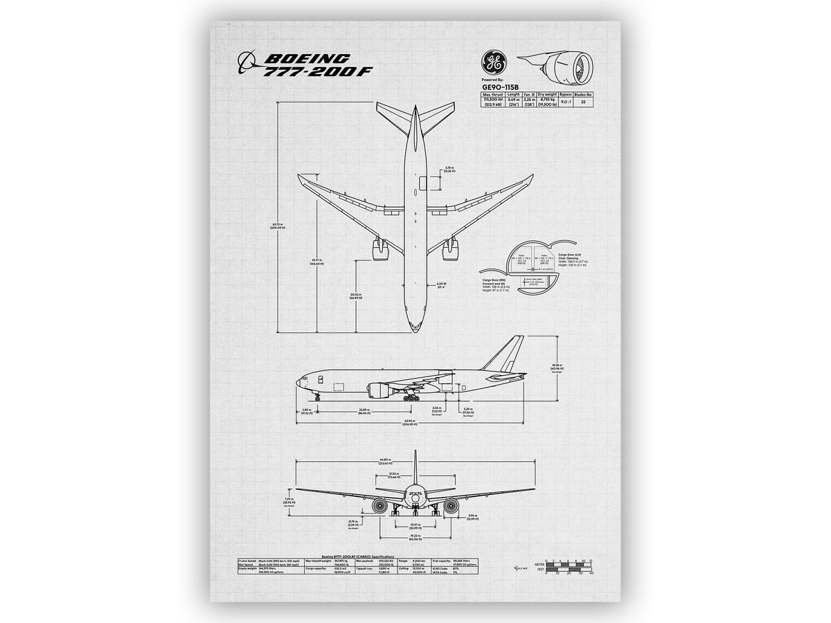 FlyKit Boeing B777-200F Portrait Blueprint Poster showing technical aircraft schematics in black and white