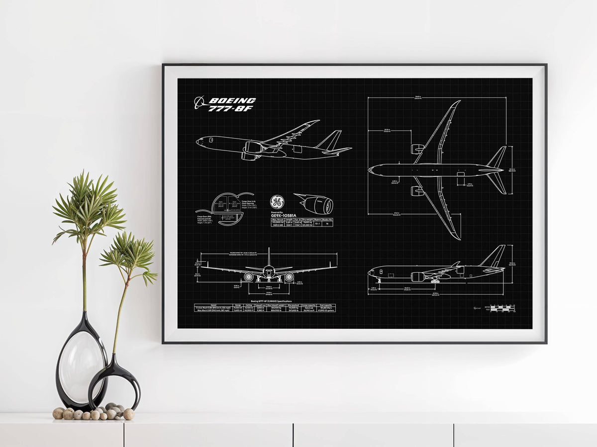 FlyKit Boeing B777-8F Landscape Blueprint Poster with technical aircraft drawings in black and white