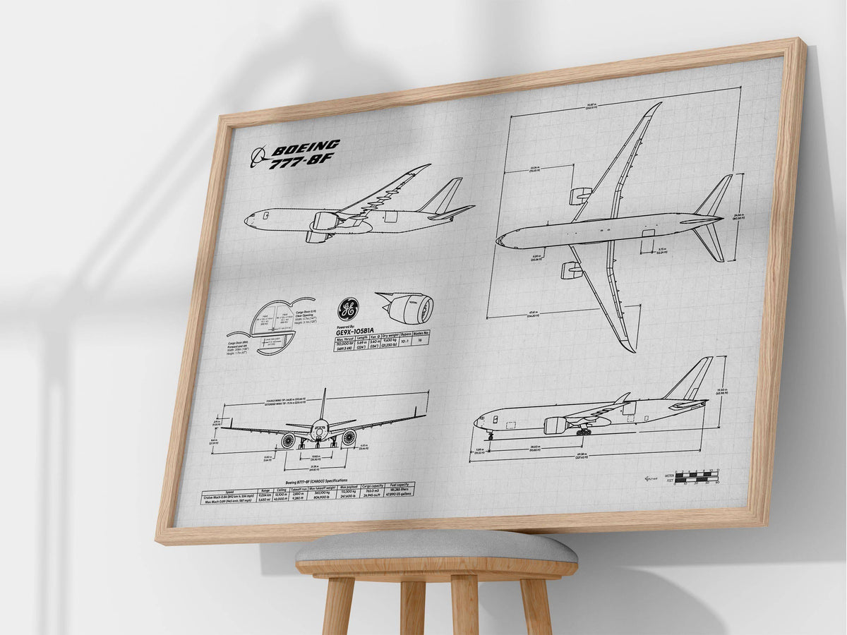 FlyKit Boeing B777-8F Landscape Blueprint Poster showing technical aircraft drawings in a wooden frame