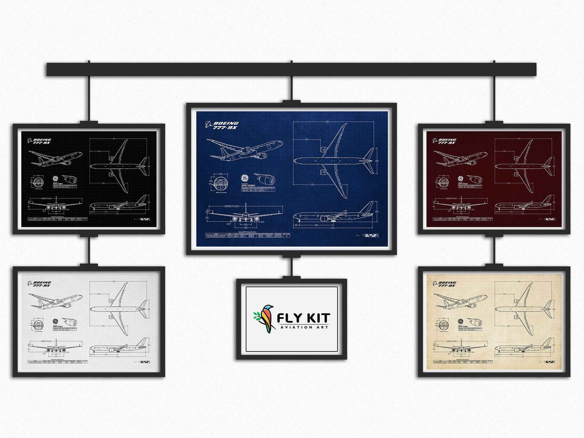 Boeing B777-9 Landscape Blueprint Poster collection by FlyKit featuring multiple color variants with detailed aircraft designs