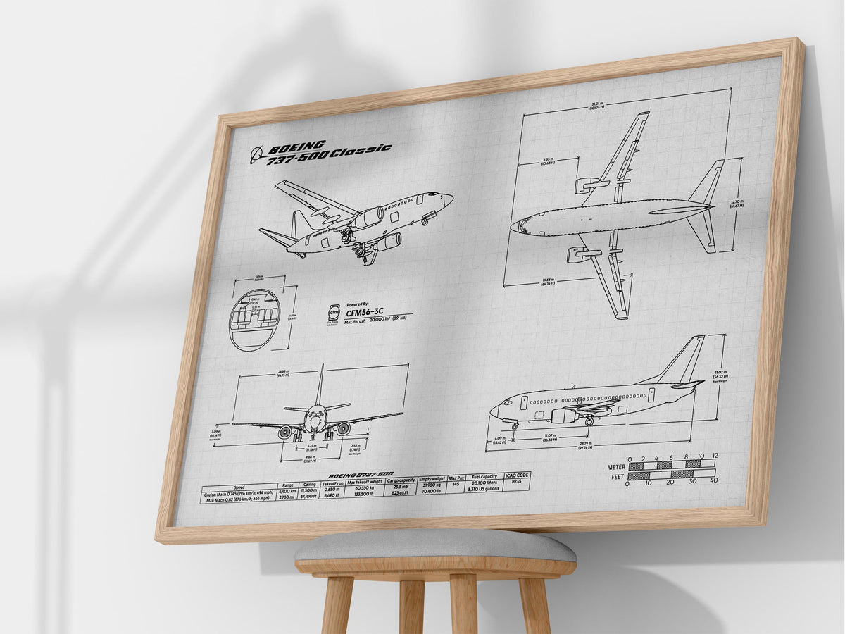 Boeing B737-500 Landscape Blueprint Poster by FlyKit showing detailed airplane technical drawings in landscape orientation