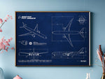 Boeing B777-300ER Landscape Blueprint Poster by FlyKit showing detailed aircraft design on dark blue background