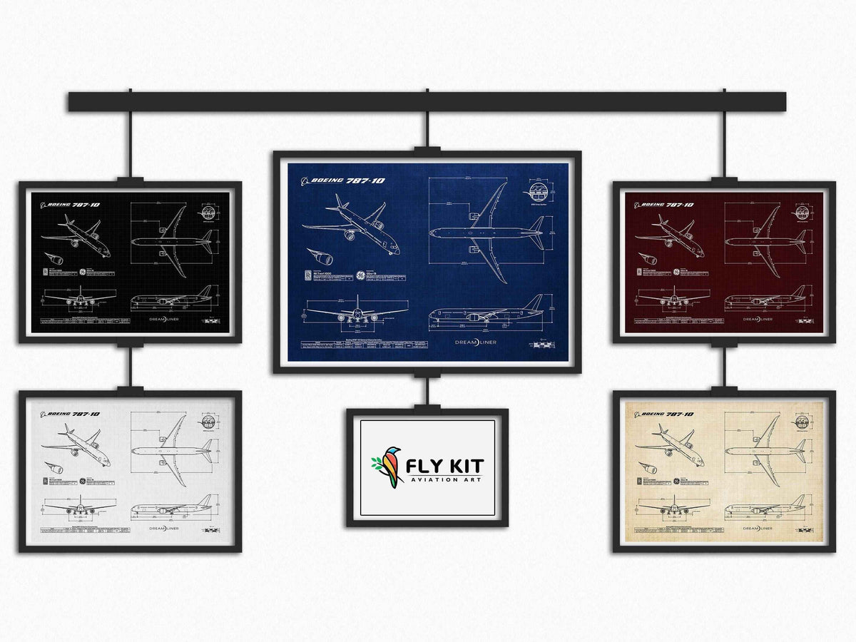 Boeing B787-10 Landscape Blueprint Poster collection by FlyKit showing detailed aircraft technical drawings in various colors