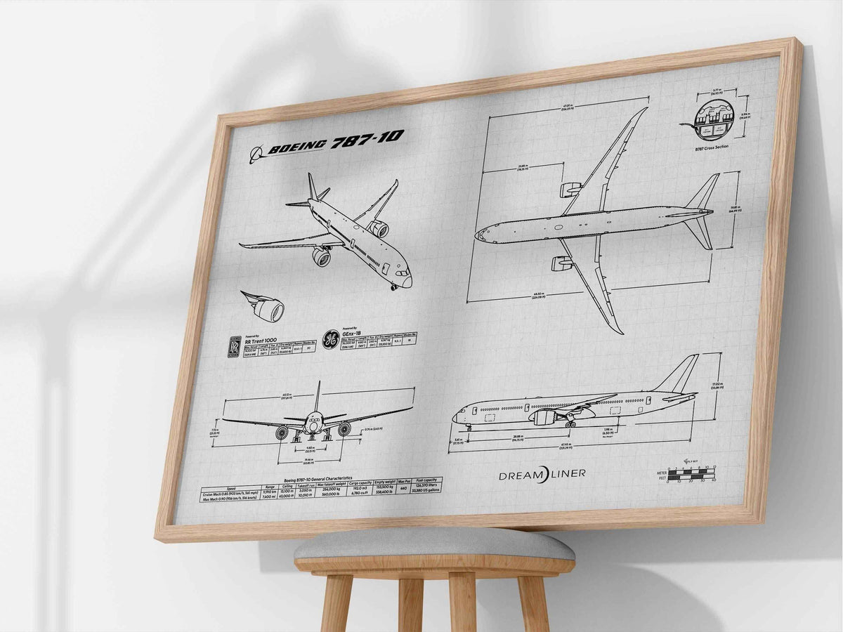 Boeing B787-10 Landscape Blueprint Poster by FlyKit showing detailed technical aircraft drawings in a wooden frame