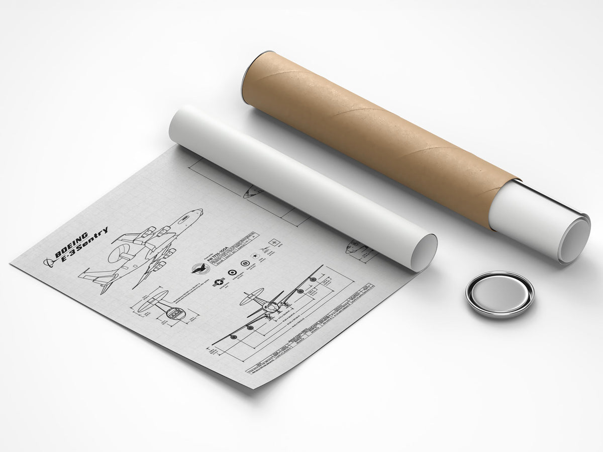 Boeing E-3 Sentry Landscape Blueprint Poster rolled out next to a protective cardboard tube and cap