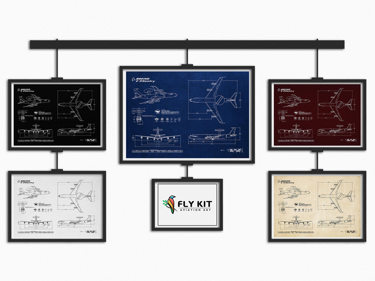 FlyKit Boeing E-3 Sentry Landscape Blueprint Poster in multiple color variations displayed on wall