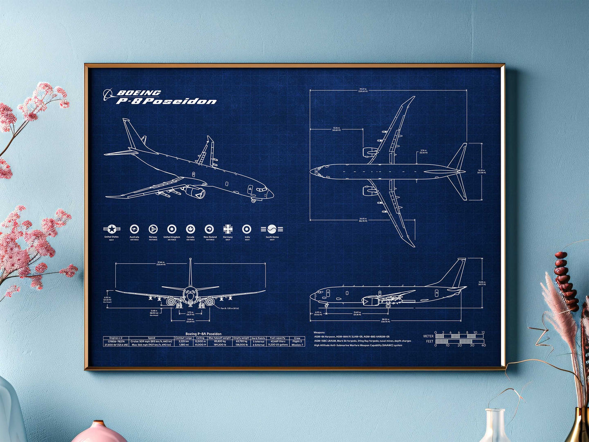 FlyKit Boeing P-8 Poseidon Landscape Blueprint poster featuring detailed aircraft technical drawings on blue background
