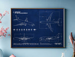 FlyKit Boeing P-8 Poseidon Landscape Blueprint poster featuring detailed aircraft technical drawings on blue background