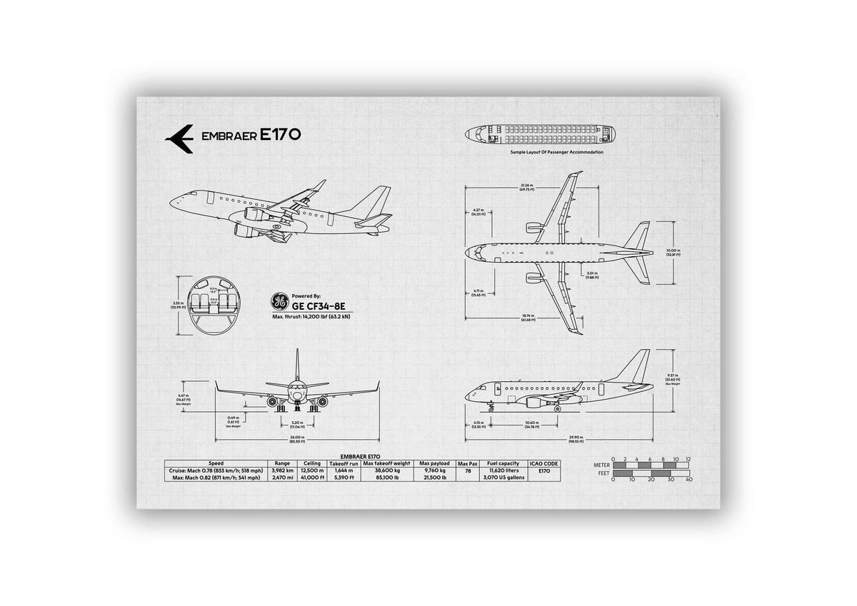 Embraer E170 Landscape Blueprint Poster showing detailed technical aircraft drawings by FlyKit