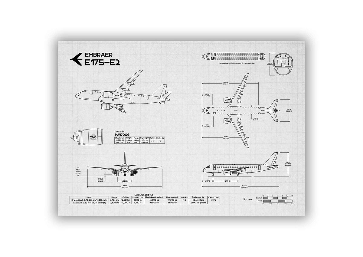 FlyKit Embraer E175-E2 Landscape Blueprint Poster showing detailed aircraft technical drawings and dimensions